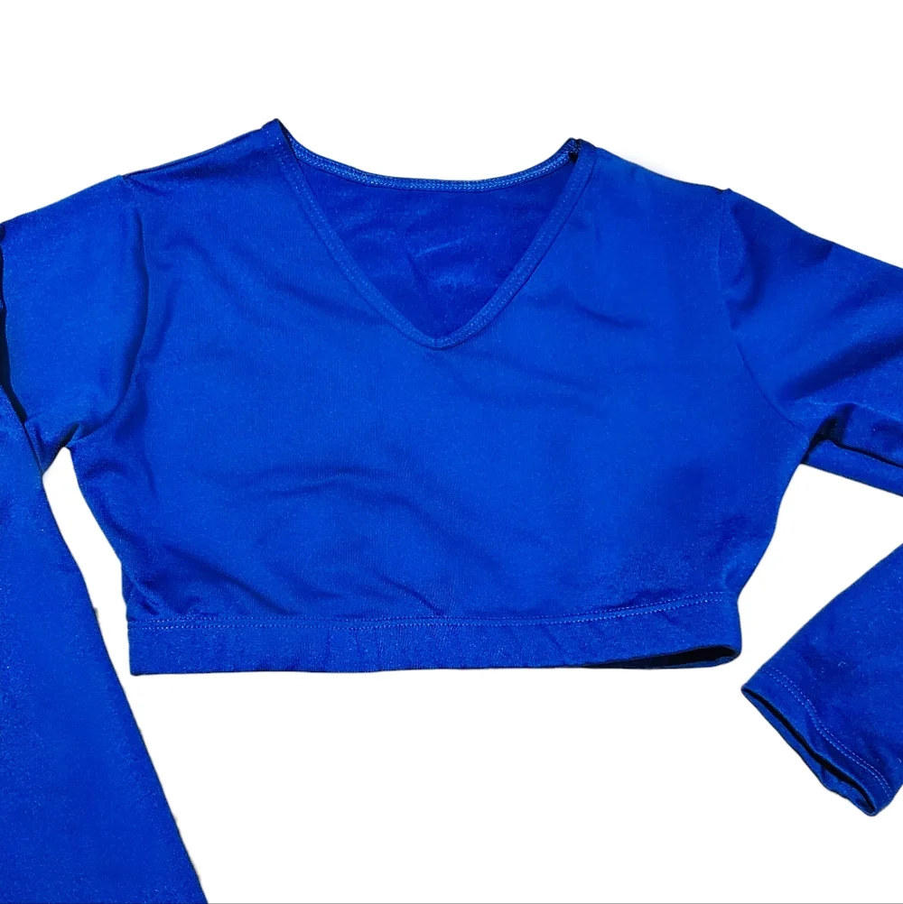 Varsity Spirit Cheer Dance Royal Blue Long Sleeve V Neck Crop Top & Dance Shorts